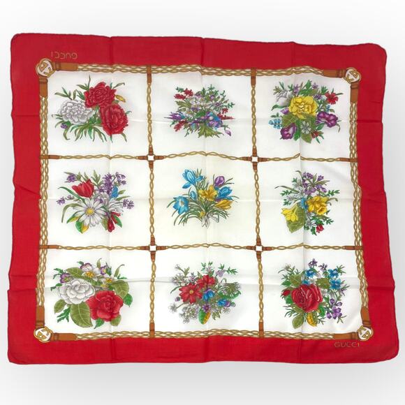 70s to 80s GUCCI Vintage Red White Floral Pattern Square Scarf - Picture 1 of 6